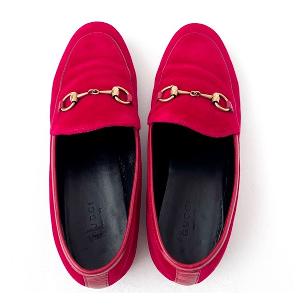 GUCCI | Red Velvet Velour Jordaan Horsebit Loafers Flats EU 37 - Picture 12 of 13